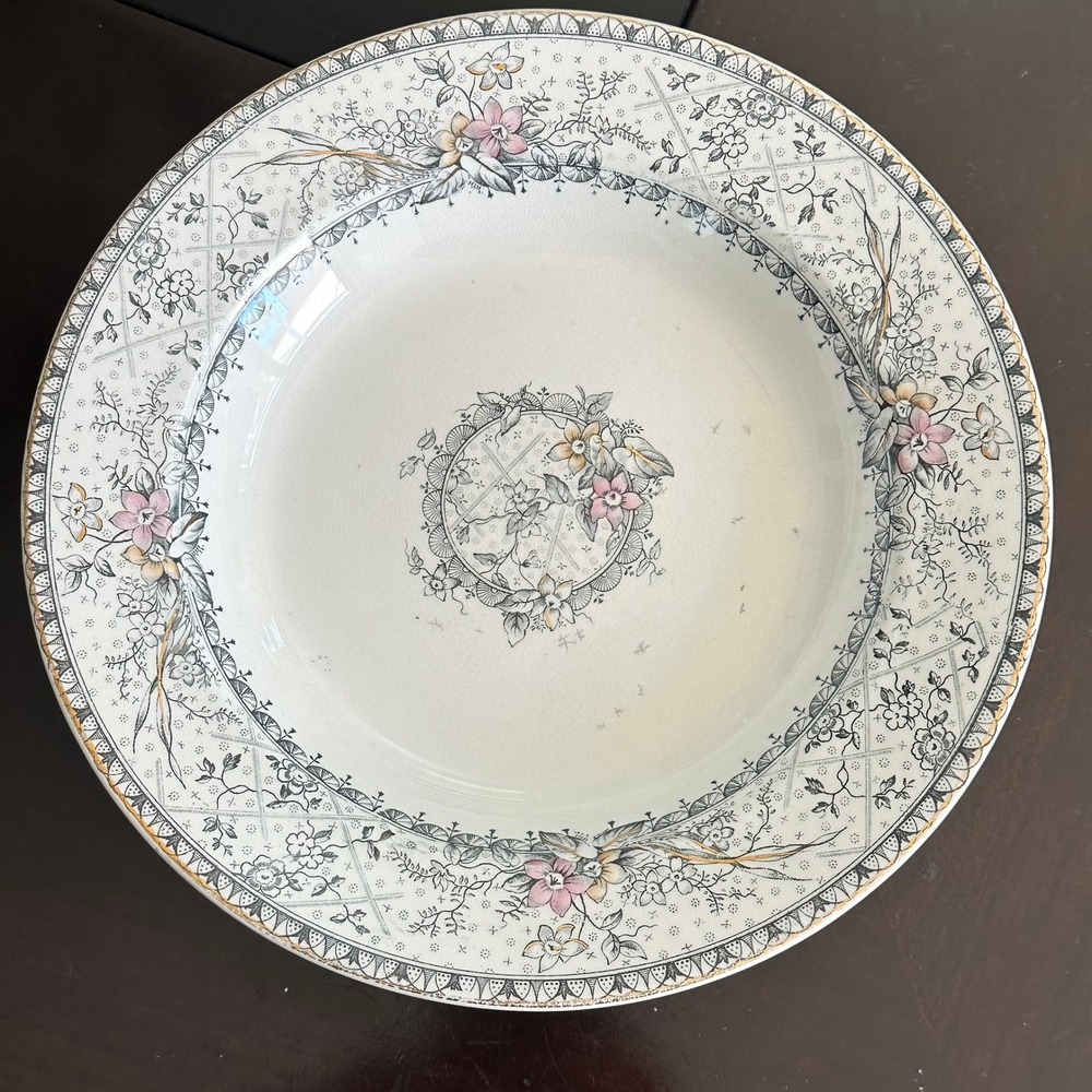 Johnson Brothers England Lace Gray Pink Floral Soup Salad Bowl Antique Ironstone